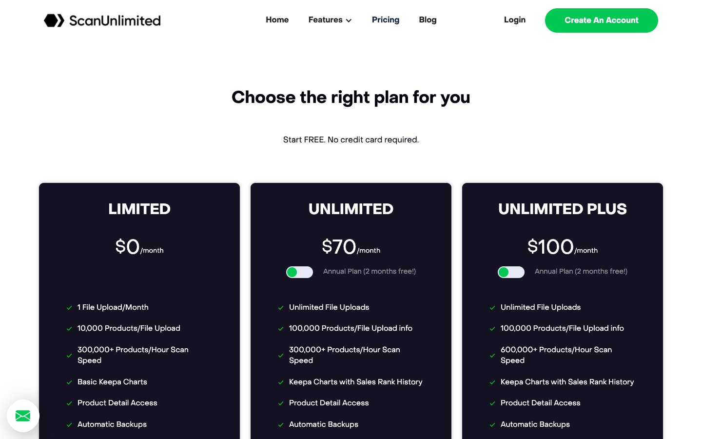 Scan Unlimited pricing page